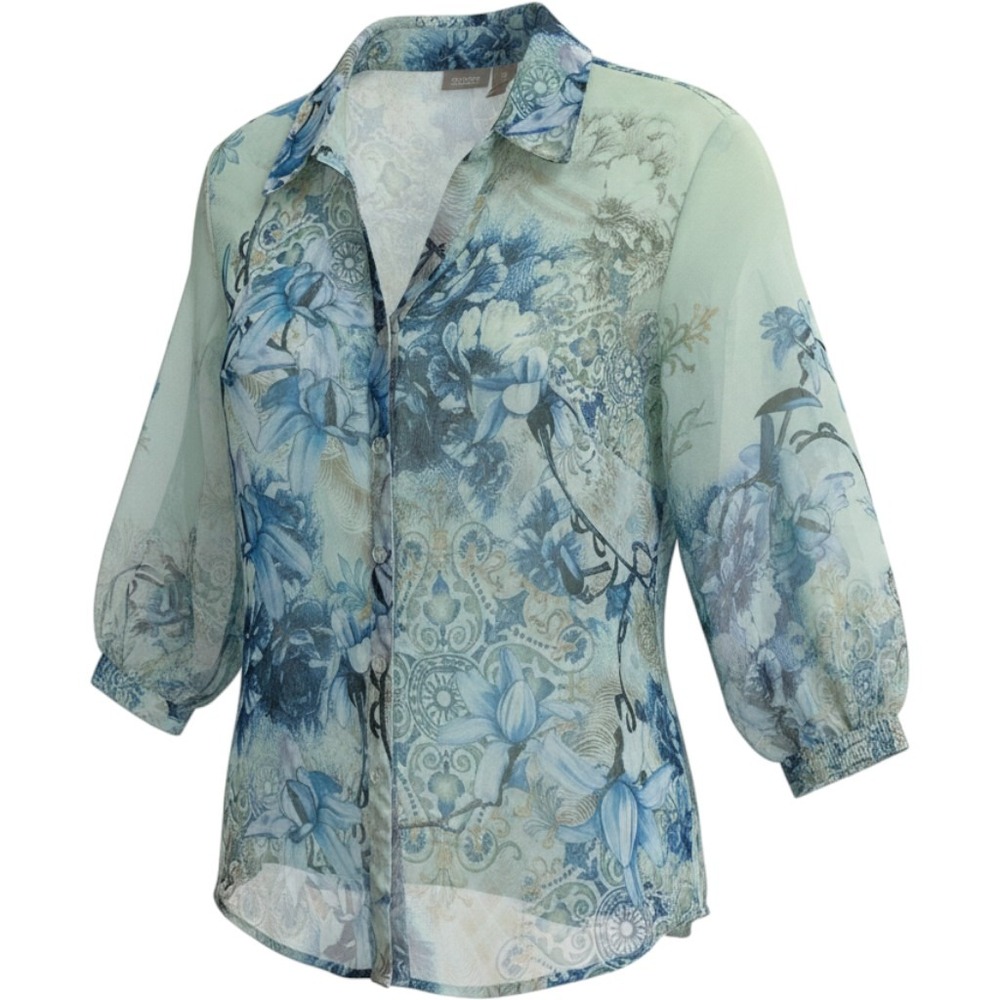 Chico's Blue Green Floral Sheer Button Down Blouse Size 3 Large XL